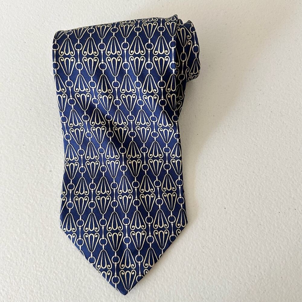 PAOLO GUCCI Neck Tie Mens Blue Gold Silk Chain Link Geometric Designer Office